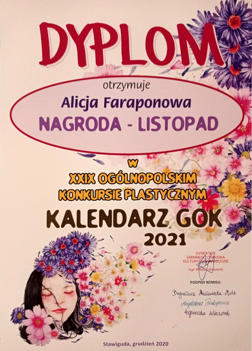 Alicja Faraponova nagrodzona w Ogólnopolskim konkursie plastycznym - Kolorowy świat - kalendarz 2021